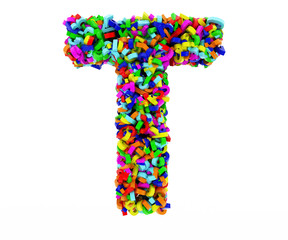 The letter T consists of numbers. Colored letters on a white background. 3D render.