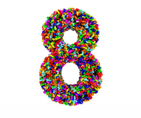 The symbol consists of 8 numbers. Colored letters on a white background. 3D render.