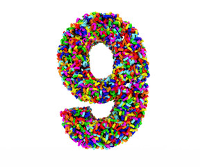 The symbol consists of 9 numbers. Colored letters on a white background. 3D render.