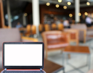 Blurred background : laptop and customer at restaurant blur back