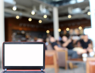Blurred background : laptop and customer at restaurant blur back