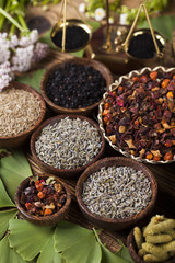 Natural medicine, wooden table background