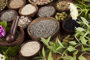 Natural remedy,Herbal medicine and wooden table background
