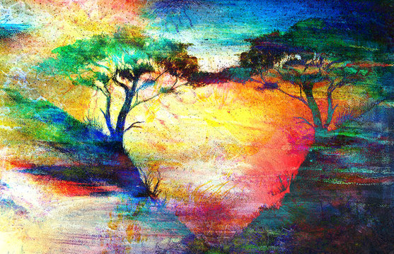 Painting sunset, sea and tree, wallpaper landscape color collage