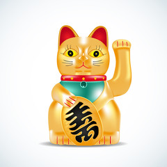 Maneki neko, golden cat. Japanese golden little sculpture. Lucky cat on red circle with fireworks. Vector illustration.