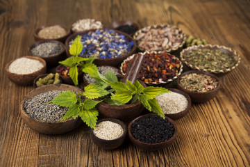 Natural remedy,Herbal medicine and wooden table background