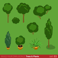 Flat 3d isometric trees, bushes, plants icon set