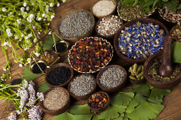 Natural remedy,Herbal medicine and wooden table background