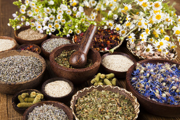 Herbs medicine and vintage wooden background