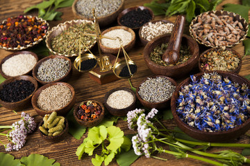 Natural remedy,Herbal medicine and wooden table background