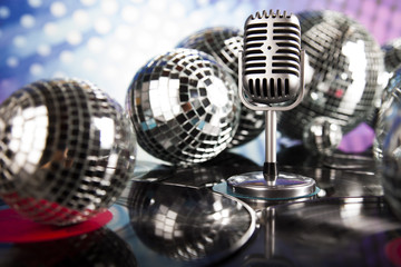 Fototapeta na wymiar Sound waves, Microphone with disco balls