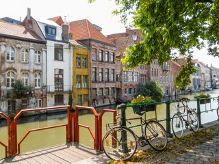 Obraz premium The historic center of Gent, channel and embankment. Ghent, Belgium