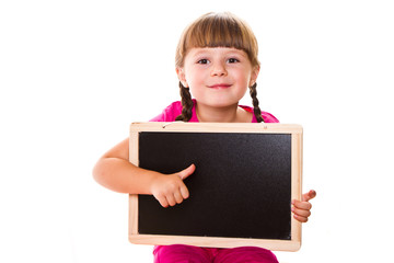 little girl holding black board on white background © Lsantilli