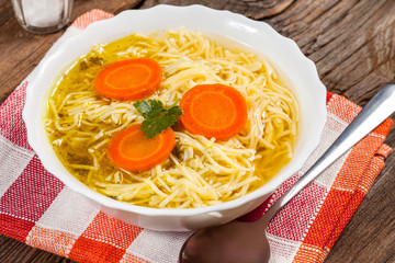 Broth - chicken soup with noodles.