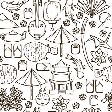 Seamless background with objects in hand drawn outline style on