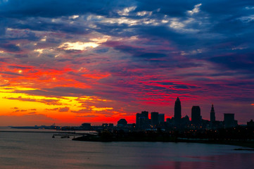 Fototapeta na wymiar Cleveland, Ohio, under a dramatic sky at sunrise