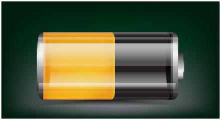 Vector transparent battery illustration. Full green battery on dark background