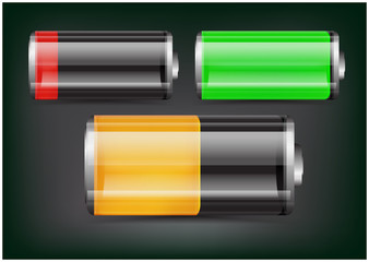 Vector transparent battery illustration. Full green battery on dark background