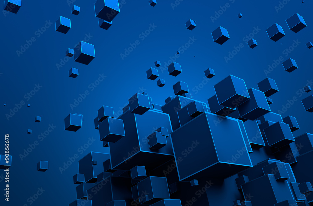 Poster abstract 3d rendering of flying cubes.