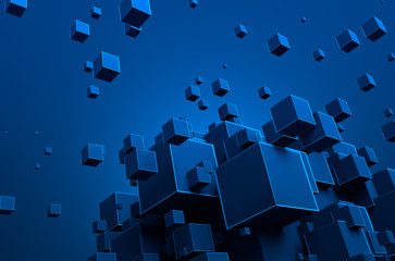 Abstract 3D Rendering of Flying Cubes.