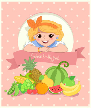 Pretty Girl with Healthy Food. Retro stylized Illustration.