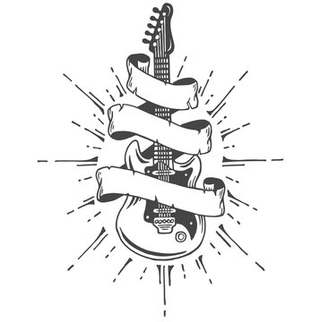 Hand drawn electric guitar with ribbon and text