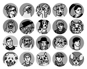 People and pets faces round icons gray scale set