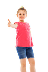 Happy girl holding had with thumb up  