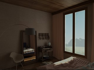 Interior of cozy bedroom with big window, mirror and vintage bureau