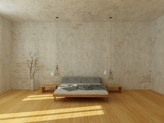 Light bedroom with white brick wall and stucco, with wooden floor, modern chandelier, rays of sun