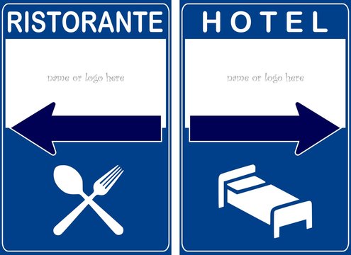 Cartello stradale hotel ristorante con freccia indicatrice