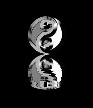 Yin Yang metallico e tridimensionale che si riflette sull'acqua.