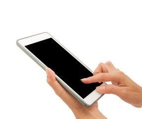 Female using tablet on white background.