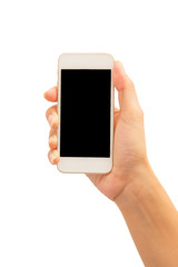 Hand holding smartphone on white background.