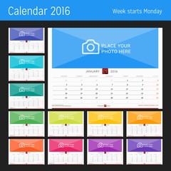 Wall Monthly Calendar for 2016 Year. Vector Design Print Template. Week Starts Monday. Landscape Orientation. Set of 12 Months