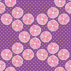 Vector purple seamless pattern. Oranges and dots