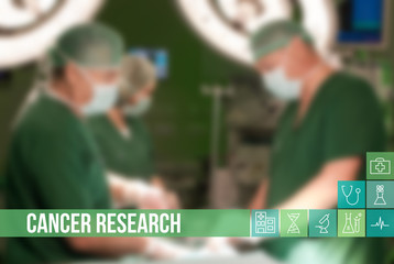 Cancer Research medical concept image with icons and doctors on background