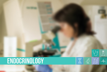 Endocrinology medical concept image with icons and doctors on background