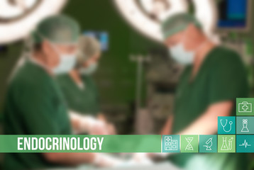 Endocrinology medical concept image with icons and doctors on background