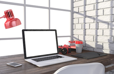 3D illustration laptopand work stuff on table near brick wall