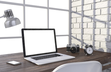 3D illustration laptopand work stuff on table near brick wall