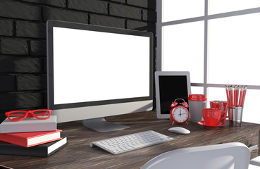 3D illustration PC screen on table in office, Workspace