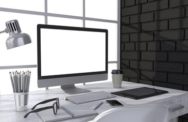 Fototapeta premium 3D illustration PC screen on table in office, Workspace
