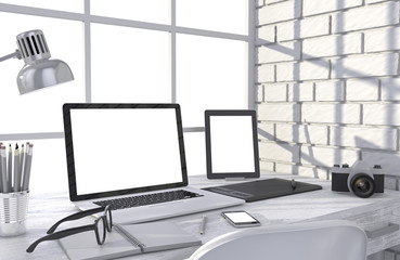 Fototapeta na wymiar 3D illustration laptopand work stuff on table near brick wall