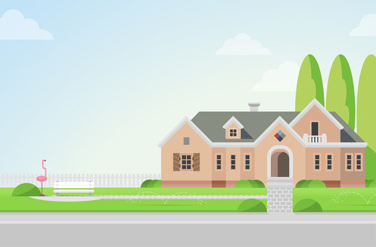 Countryside mansion house with backyard in vector flat style