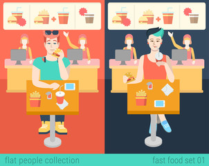 Hipster people eat in fastfood restaurant in vector food concept
