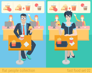 Flat vector businessman people eat in fastfood cafe