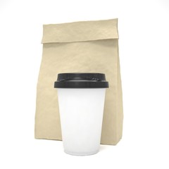 Coffee to go and lunch bag, on white.