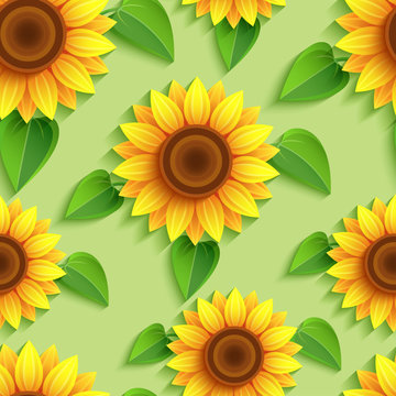 Floral seamless pattern with 3d sunflowers