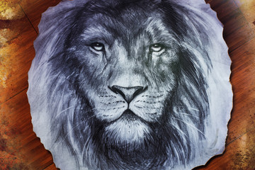 lion face drawing on vintage paper collage, abstract background